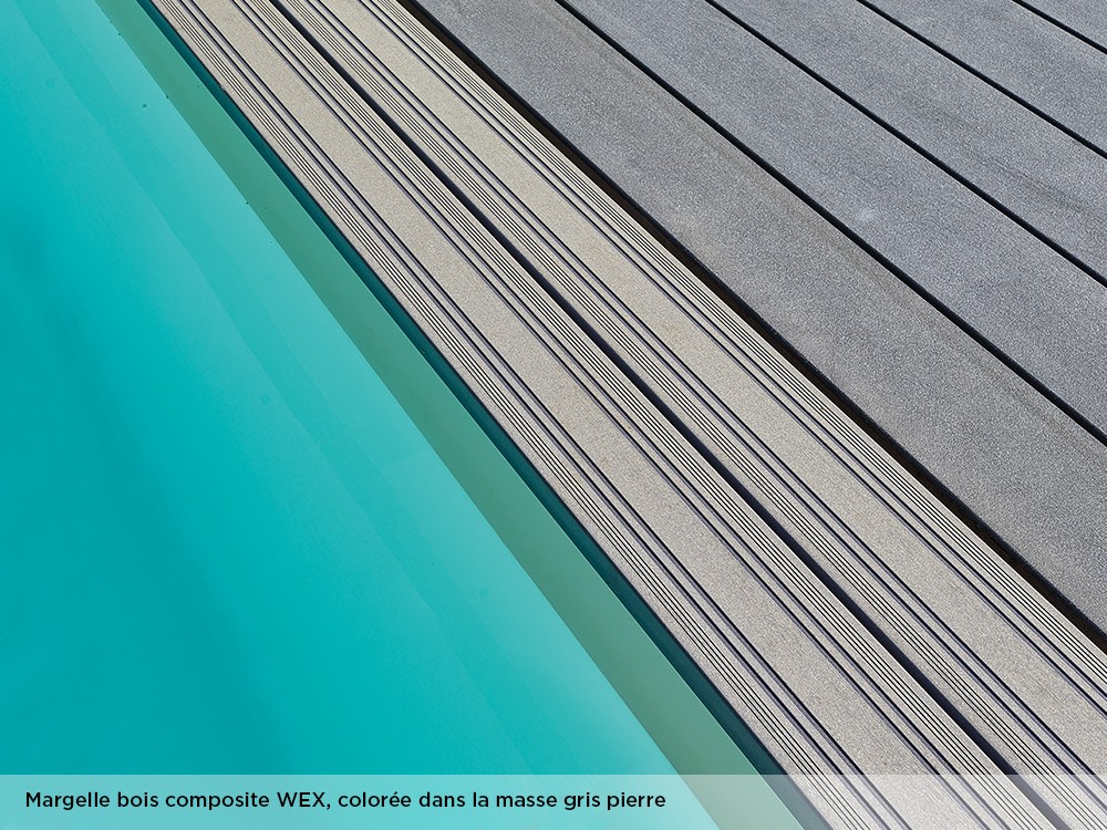 Margelle bois composite WEX, colorée dans la masse gris pierre pour la piscine Maéva octogonale 500 de Piveteaubois Vivre En Bois
