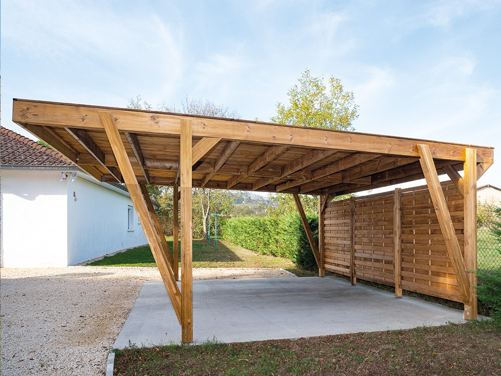 Dessin technique dimensions grand côté carport en bois 34 m² Viso en Pin technologie DURAPIN marque Piveteaubois Vivre en Bois